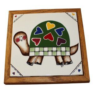 Turtle Wall Hanging Trivet By American Designs Hand Painted Kiln Fired Wood Fram